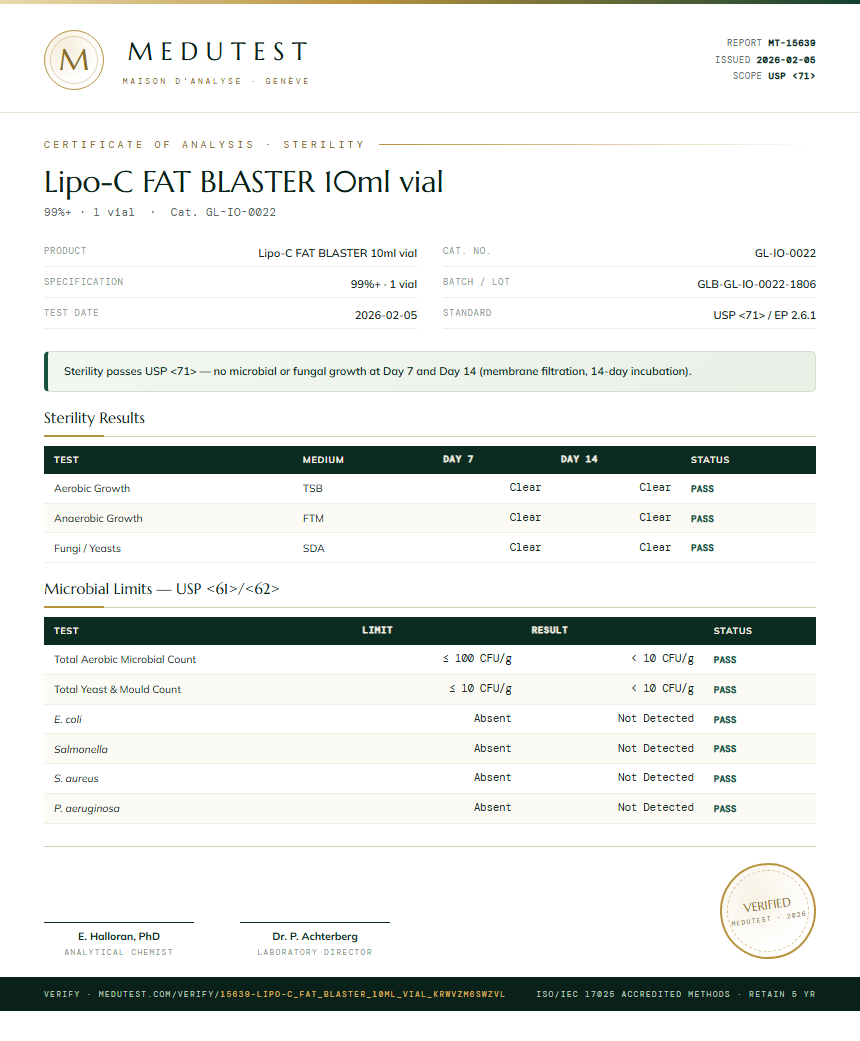 Lipo-C FAT BLASTER 10ml vial Sterility report by Medutest