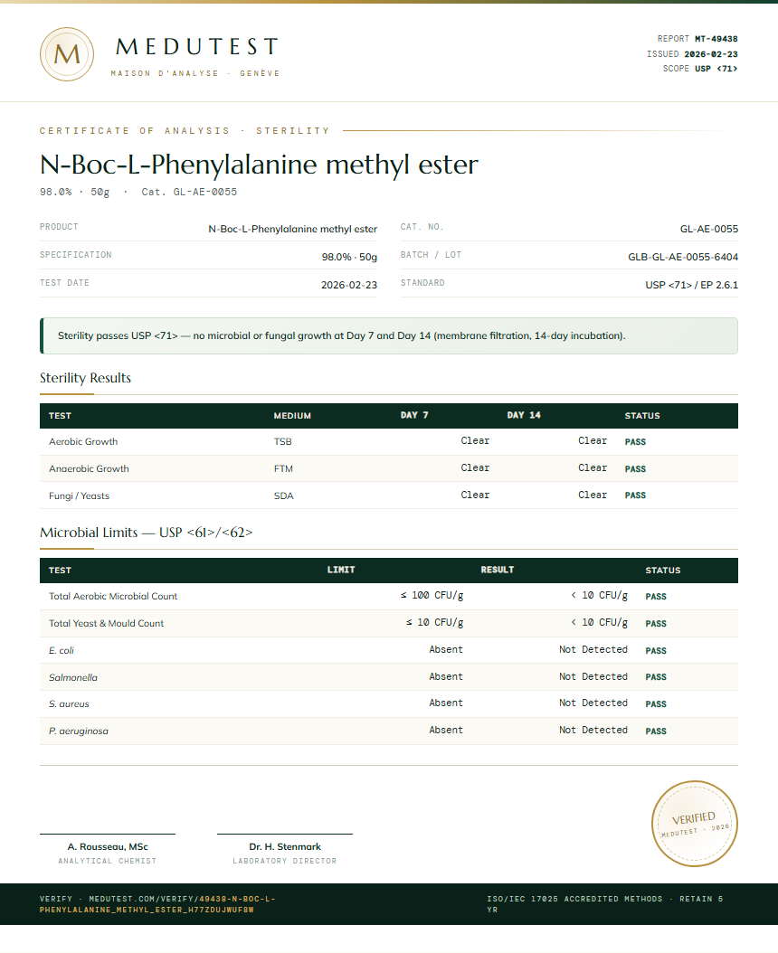 N-Boc-L-Phenylalanine methyl ester Sterility report by Medutest