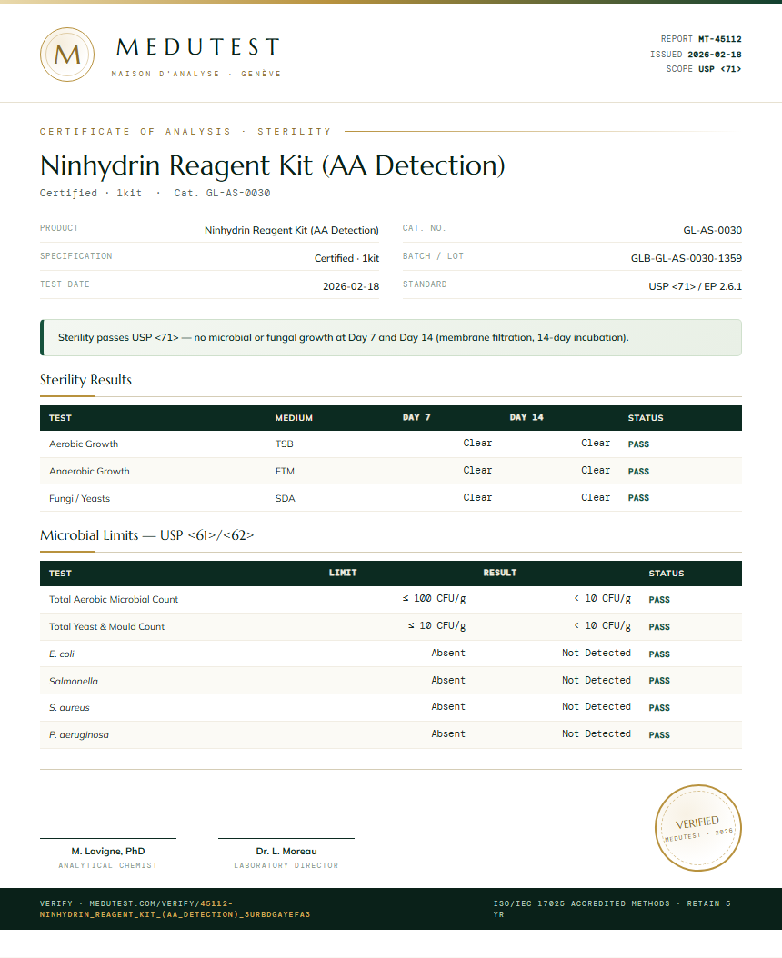 Ninhydrin Reagent Kit (AA Detection) Sterility report by Medutest