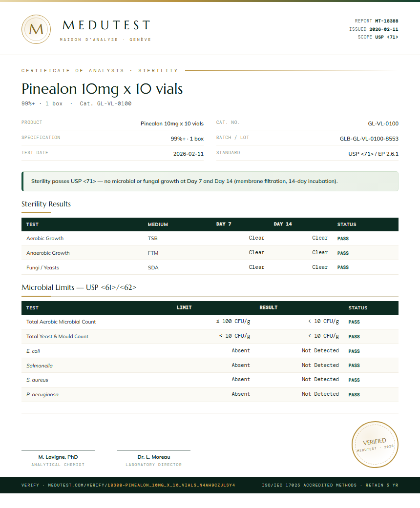 Pinealon 10mg x 10 vials Sterility report by Medutest