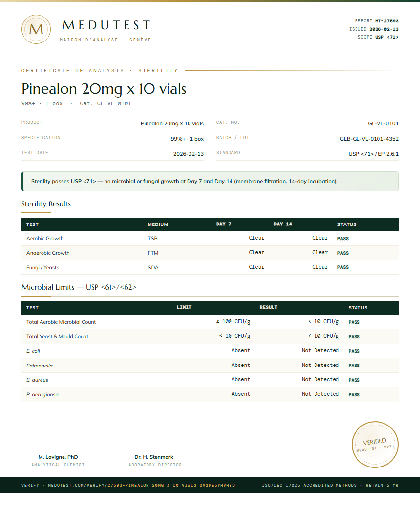 Pinealon 20mg x 10 vials Sterility report by Medutest