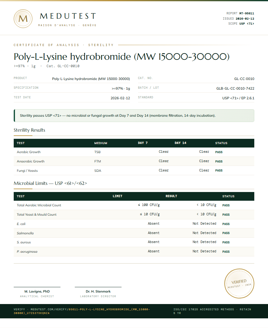 Poly-L-Lysine hydrobromide (MW 15000-30000) Sterility report by Medutest