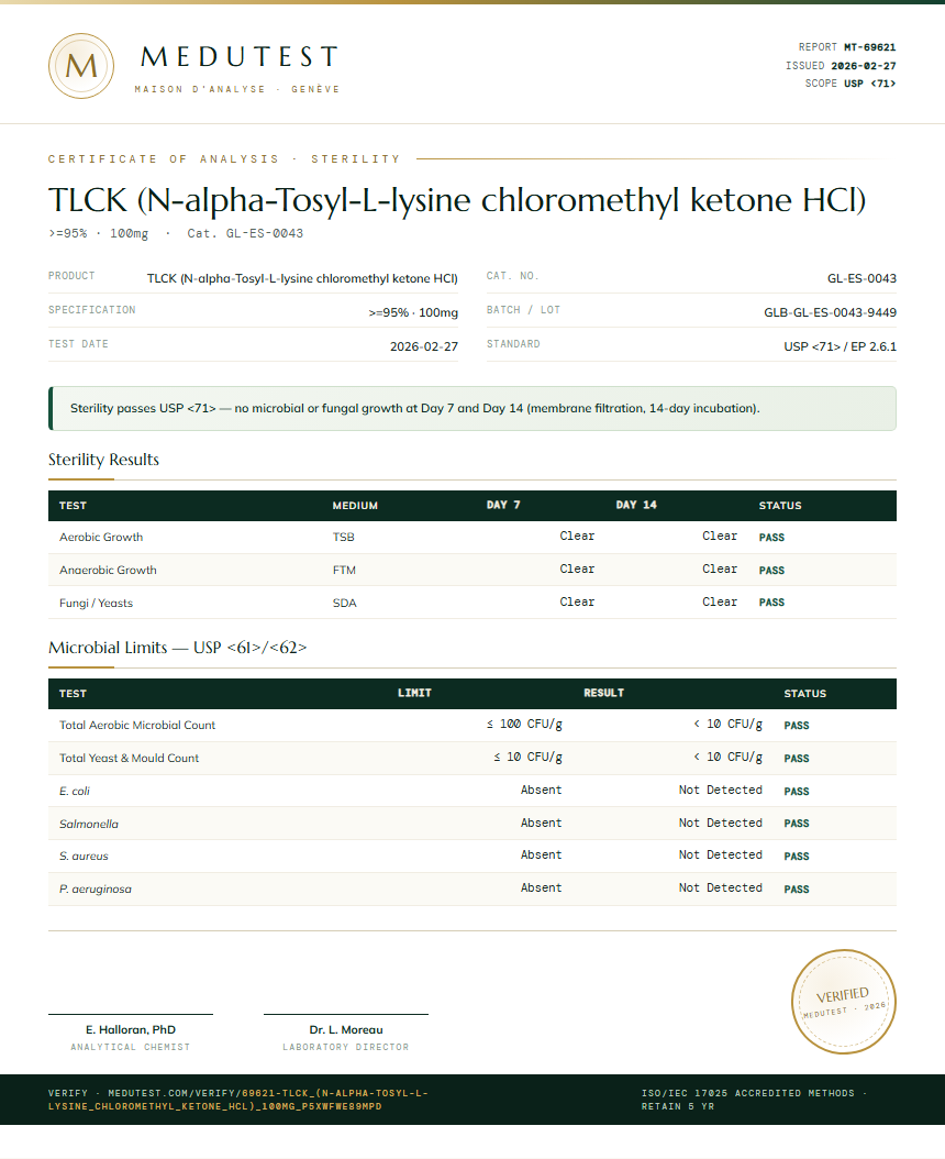TLCK (N-alpha-Tosyl-L-lysine chloromethyl ketone HCl) Sterility report by Medutest