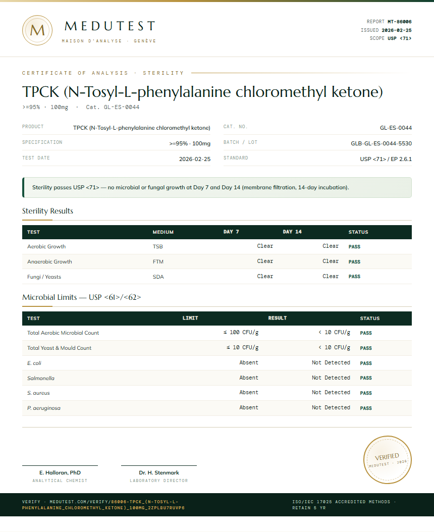 TPCK (N-Tosyl-L-phenylalanine chloromethyl ketone) Sterility report by Medutest