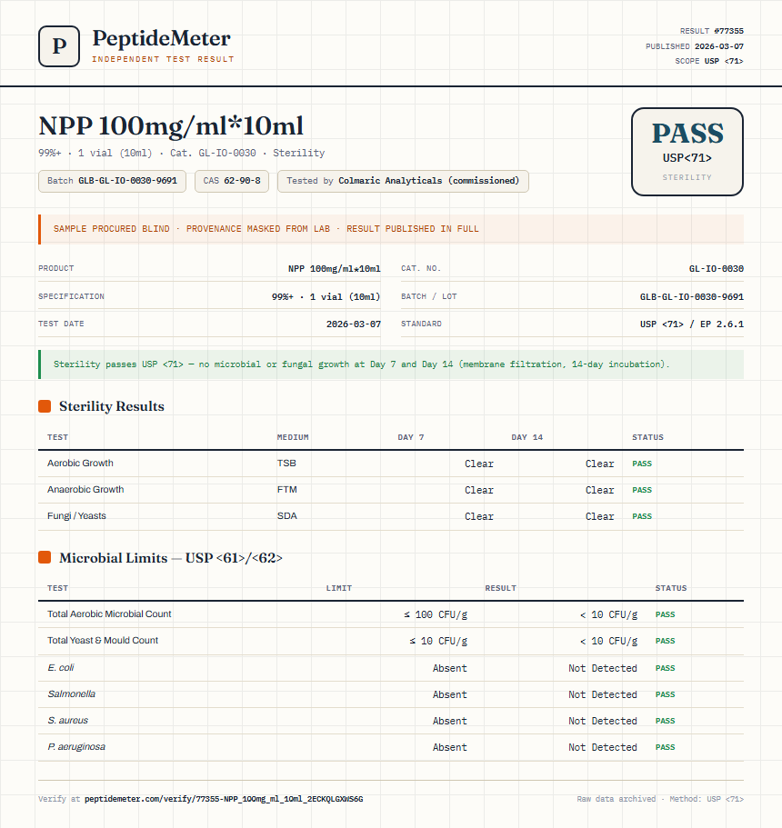 NPP 100mg/ml*10ml Sterility report by PeptideMeter
