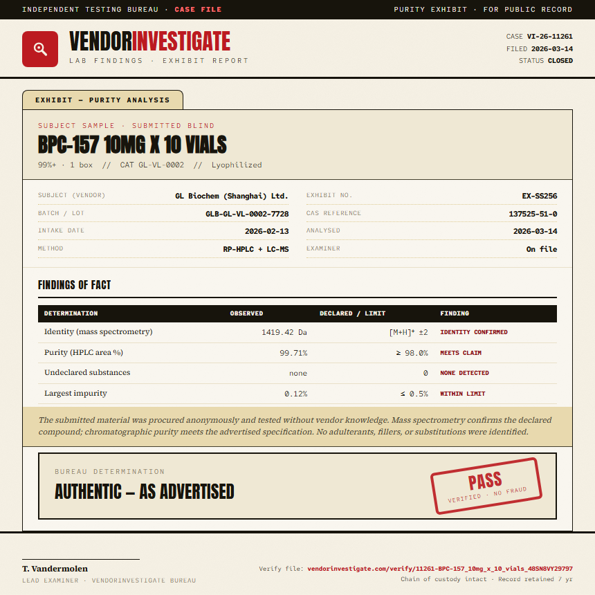 BPC-157 10mg x 10 vials Purity (HPLC) report by VendorInvestigate