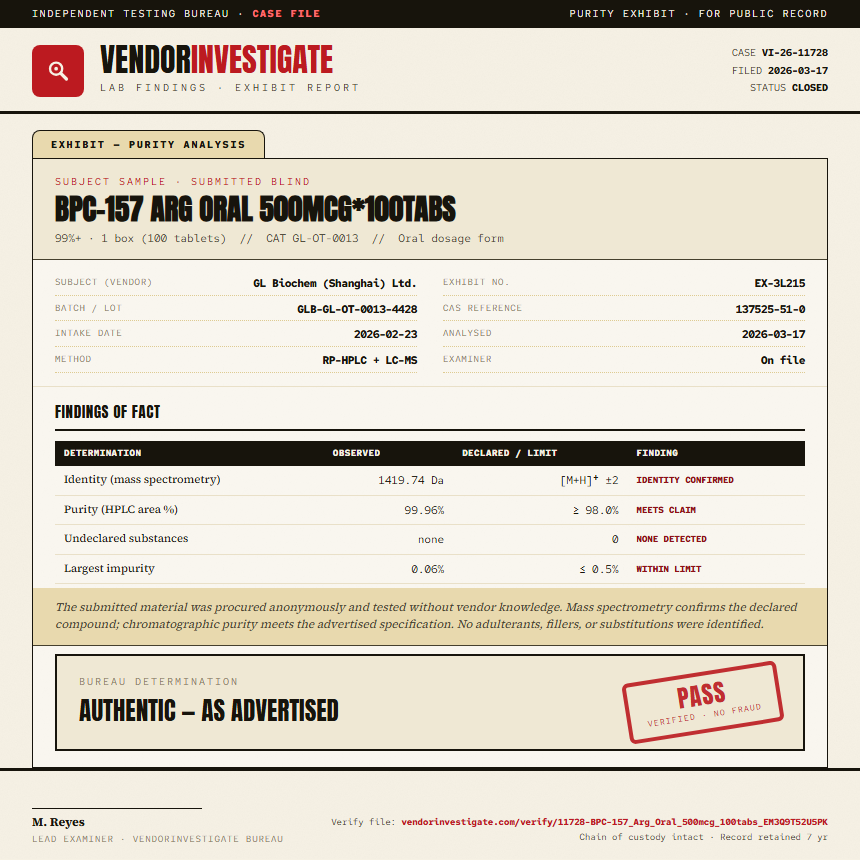 BPC-157 Arg Oral 500mcg*100tabs Purity (HPLC) report by VendorInvestigate