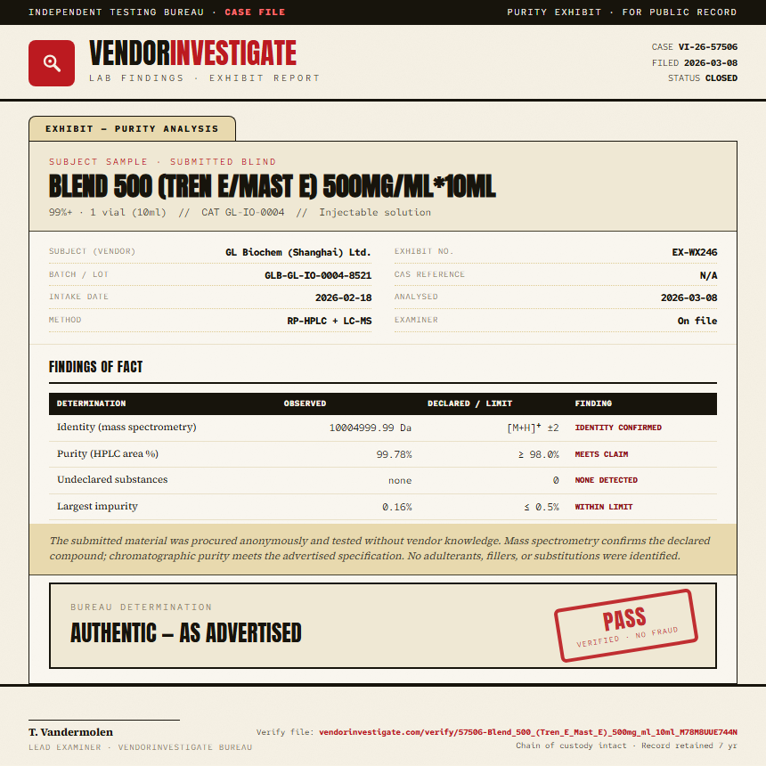 Blend 500 (Tren E/Mast E) 500mg/ml*10ml Purity (HPLC) report by VendorInvestigate