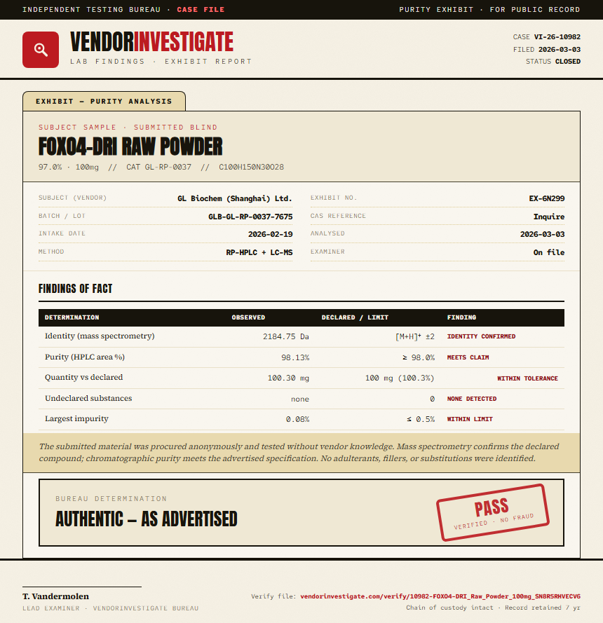 FOXO4-DRI Raw Powder Purity (HPLC) report by VendorInvestigate