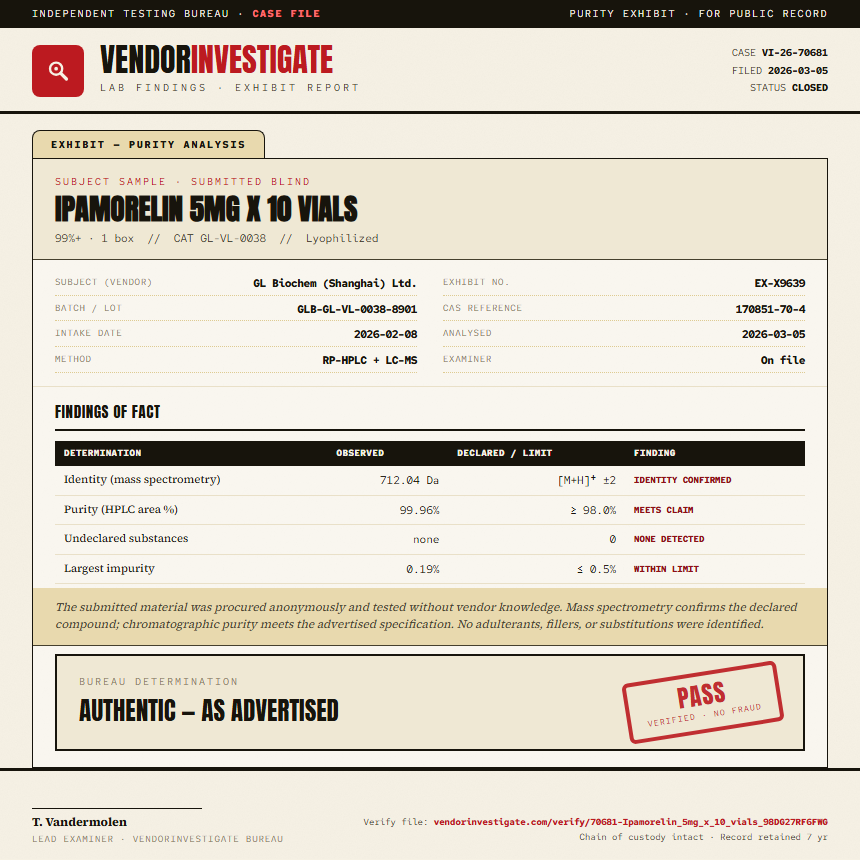 Ipamorelin 5mg x 10 vials Purity (HPLC) report by VendorInvestigate