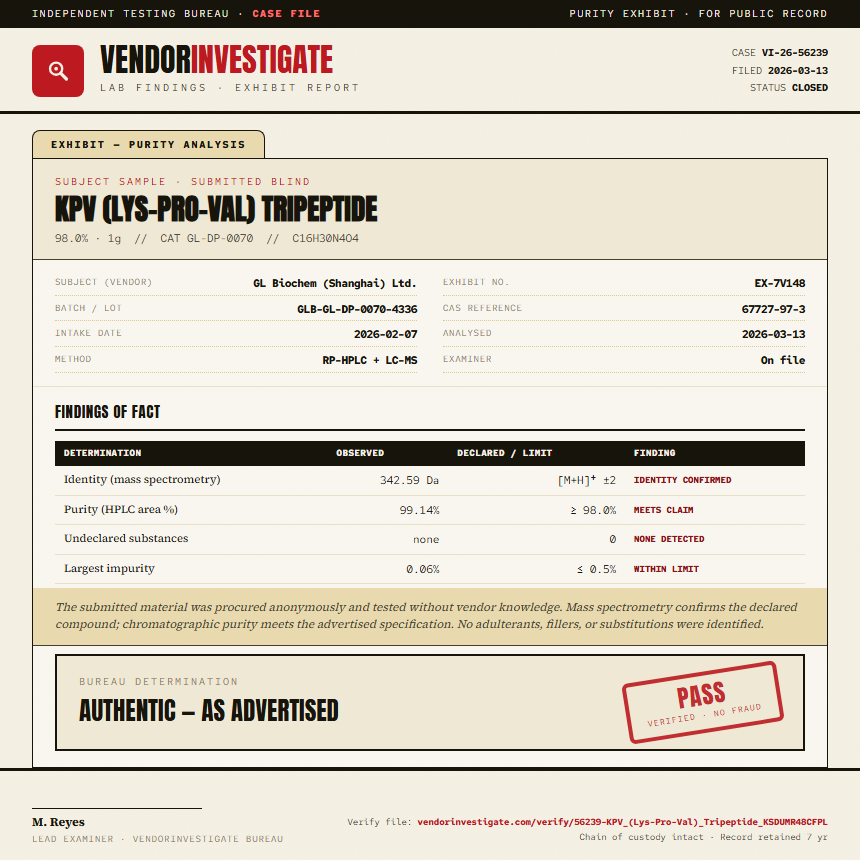 KPV (Lys-Pro-Val) Tripeptide Purity (HPLC) report by VendorInvestigate