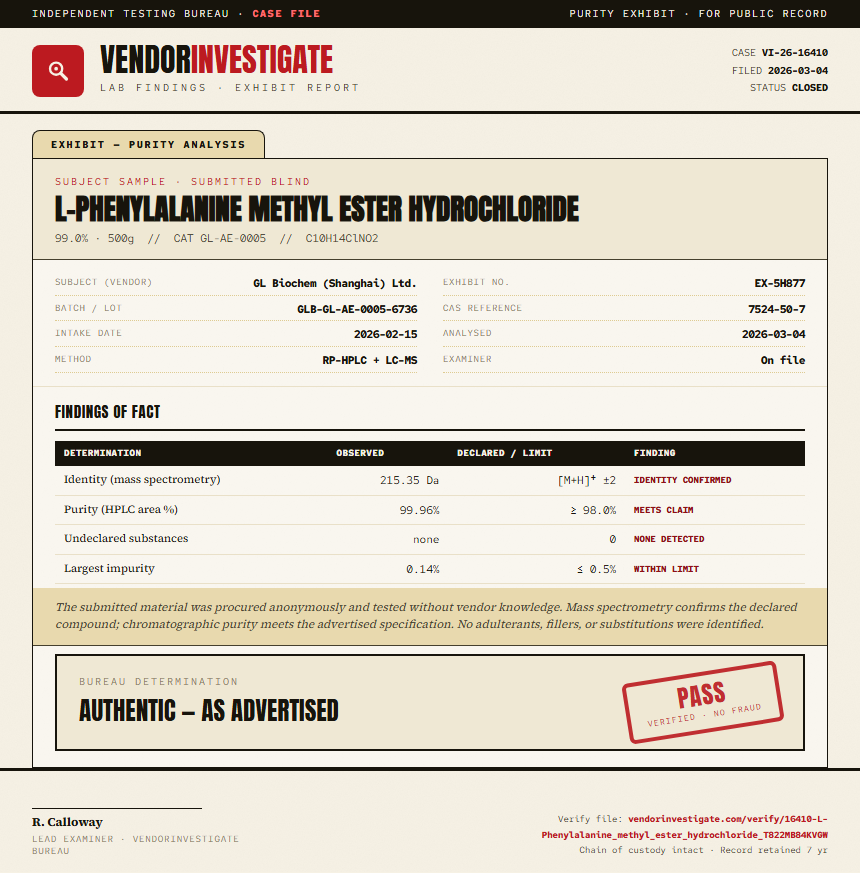 L-Phenylalanine methyl ester hydrochloride Purity (HPLC) report by VendorInvestigate