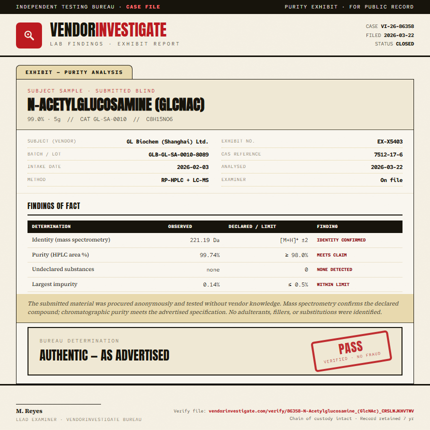 N-Acetylglucosamine (GlcNAc) Purity (HPLC) report by VendorInvestigate