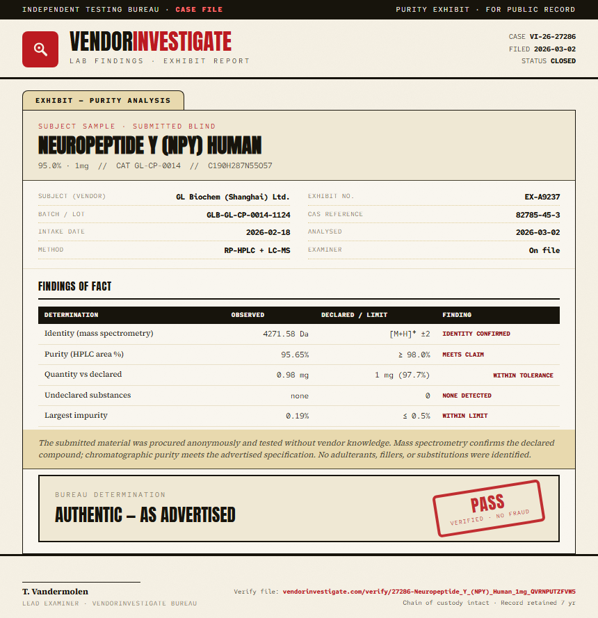 Neuropeptide Y (NPY) Human Purity (HPLC) report by VendorInvestigate