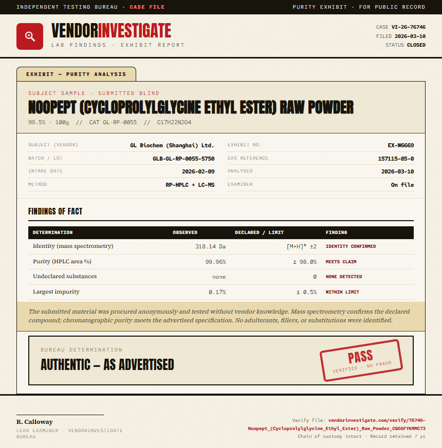 Noopept (Cycloprolylglycine Ethyl Ester) Raw Powder Purity (HPLC) report by VendorInvestigate