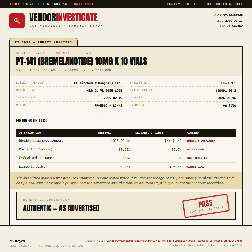PT-141 (Bremelanotide) 10mg x 10 vials Purity (HPLC) report by VendorInvestigate