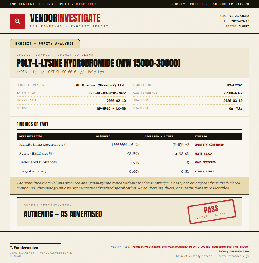 Poly-L-Lysine hydrobromide (MW 15000-30000) Purity (HPLC) report by VendorInvestigate