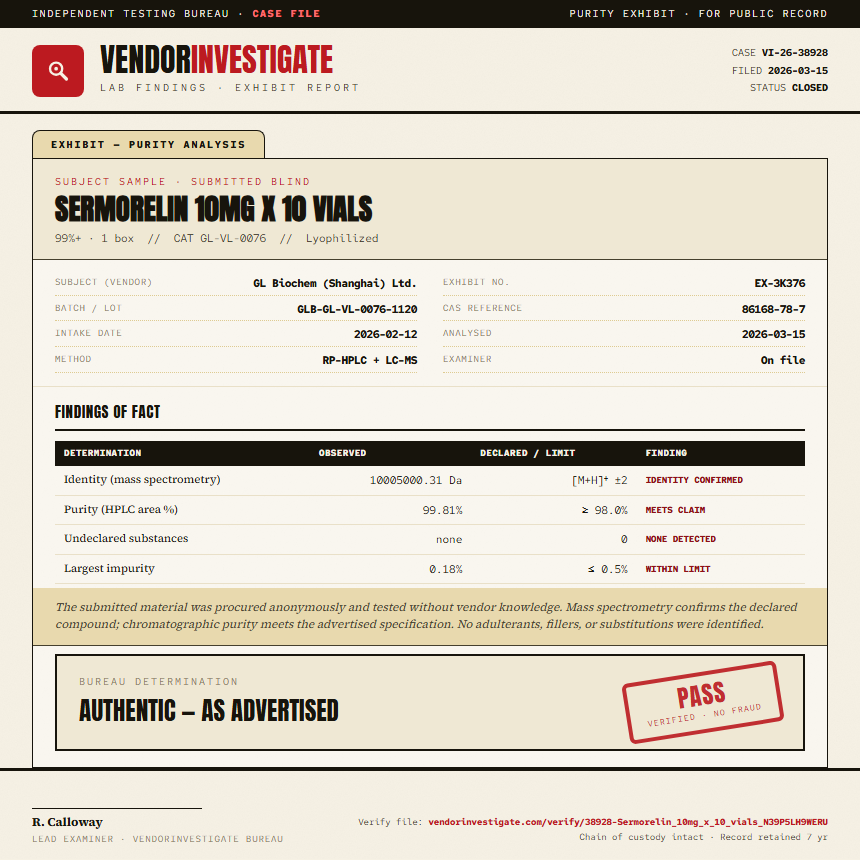 Sermorelin 10mg x 10 vials Purity (HPLC) report by VendorInvestigate