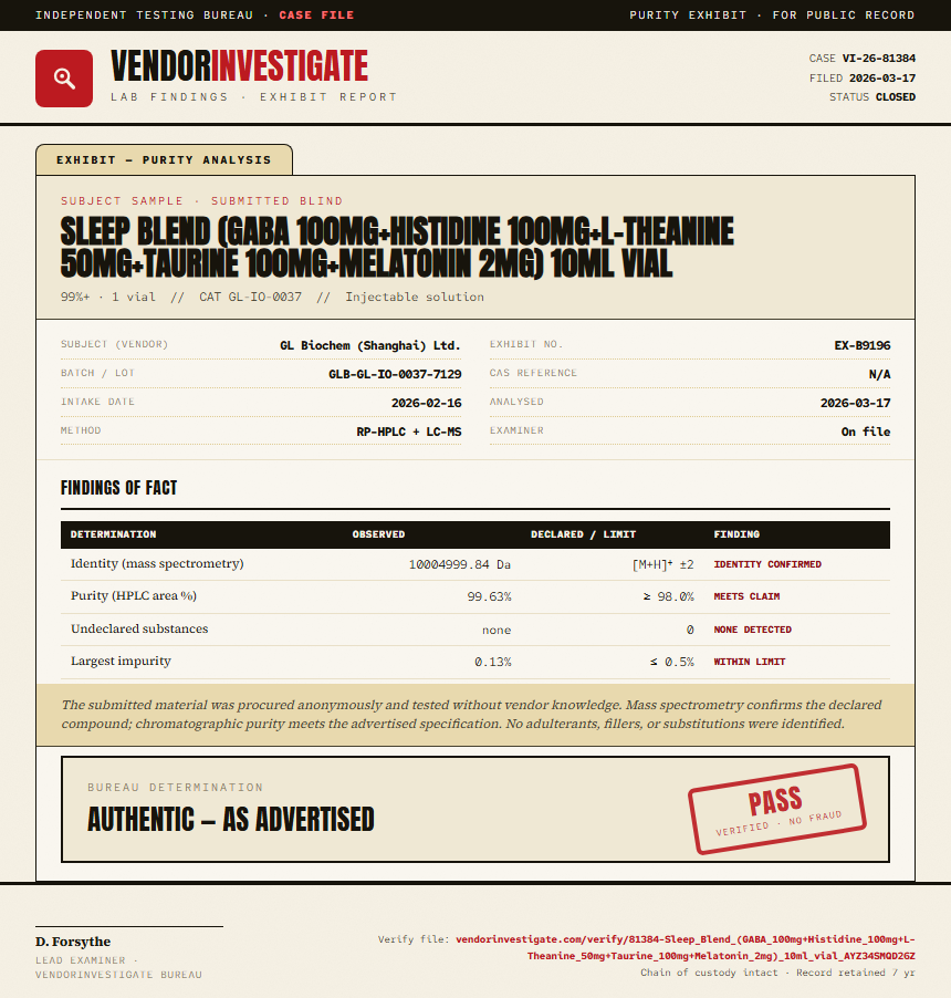 Sleep Blend (GABA 100mg+Histidine 100mg+L-Theanine 50mg+Taurine 100mg+Melatonin 2mg) 10ml vial Purity (HPLC) report by VendorInvestigate