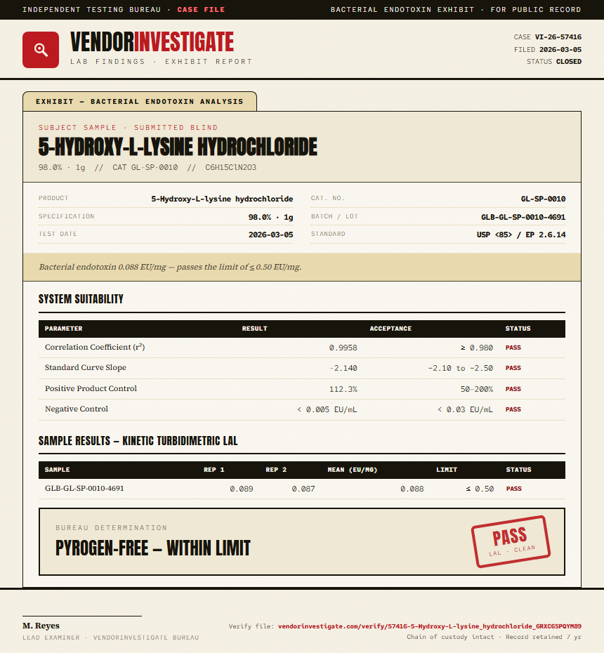 5-Hydroxy-L-lysine hydrochloride Endotoxin report by VendorInvestigate