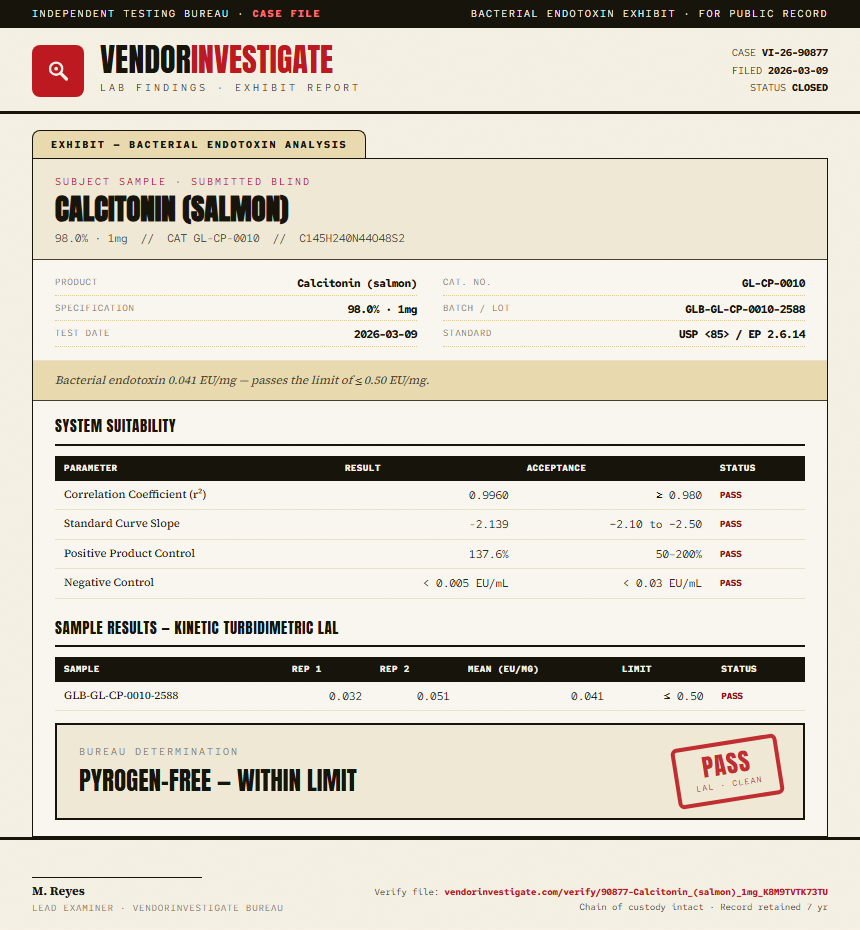 Calcitonin (salmon) Endotoxin report by VendorInvestigate