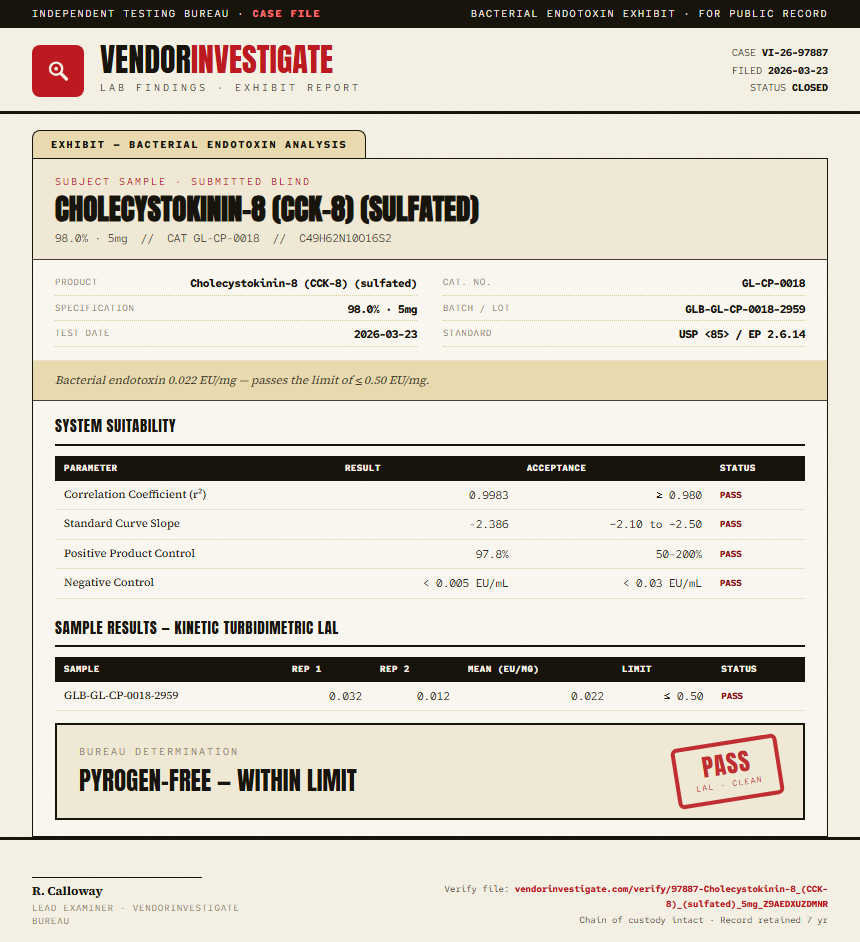Cholecystokinin-8 (CCK-8) (sulfated) Endotoxin report by VendorInvestigate