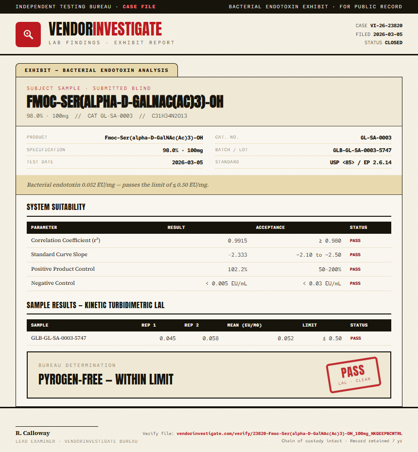 Fmoc-Ser(alpha-D-GalNAc(Ac)3)-OH Endotoxin report by VendorInvestigate