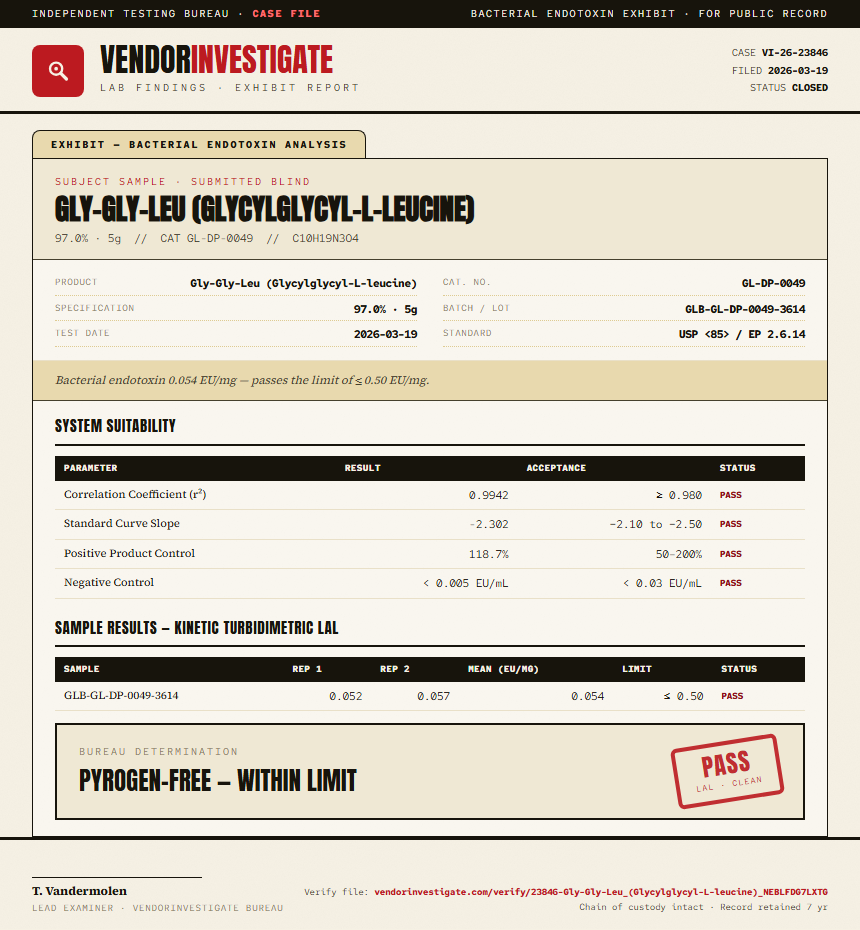 Gly-Gly-Leu (Glycylglycyl-L-leucine) Endotoxin report by VendorInvestigate