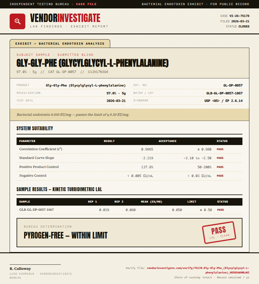 Gly-Gly-Phe (Glycylglycyl-L-phenylalanine) Endotoxin report by VendorInvestigate