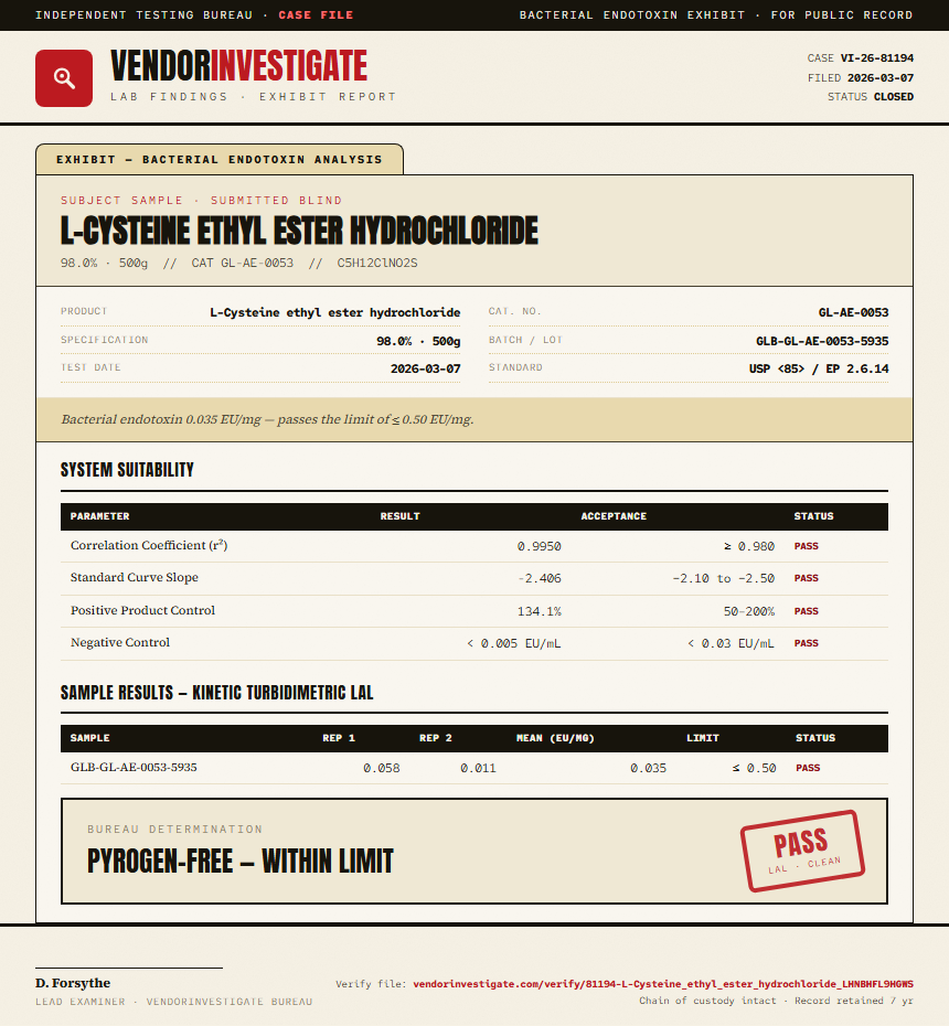 L-Cysteine ethyl ester hydrochloride Endotoxin report by VendorInvestigate