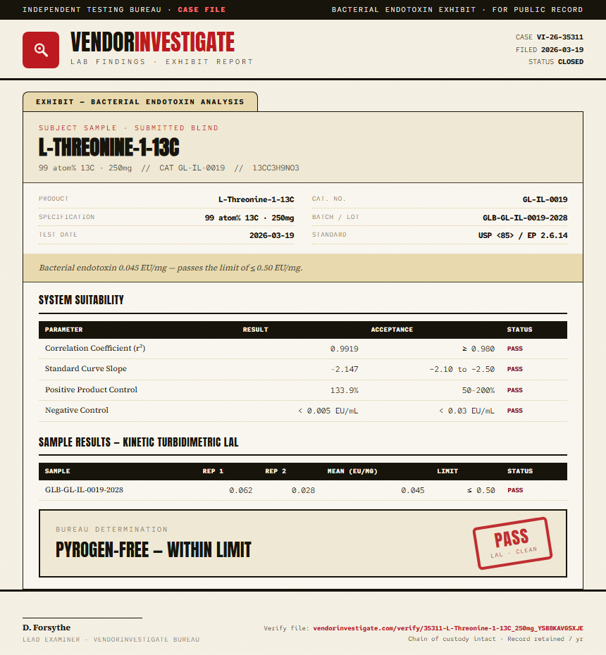 L-Threonine-1-13C Endotoxin report by VendorInvestigate