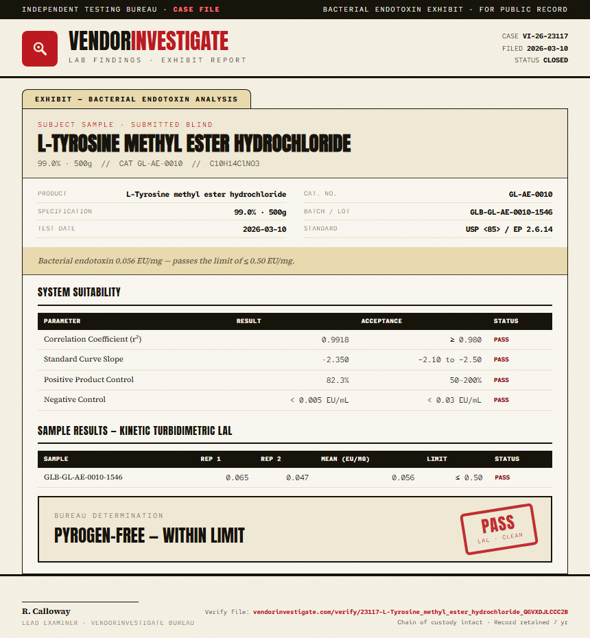 L-Tyrosine methyl ester hydrochloride Endotoxin report by VendorInvestigate