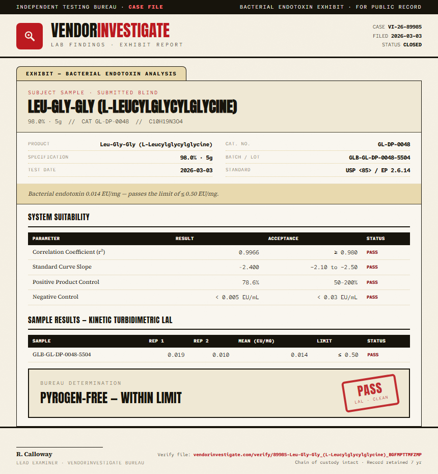 Leu-Gly-Gly (L-Leucylglycylglycine) Endotoxin report by VendorInvestigate