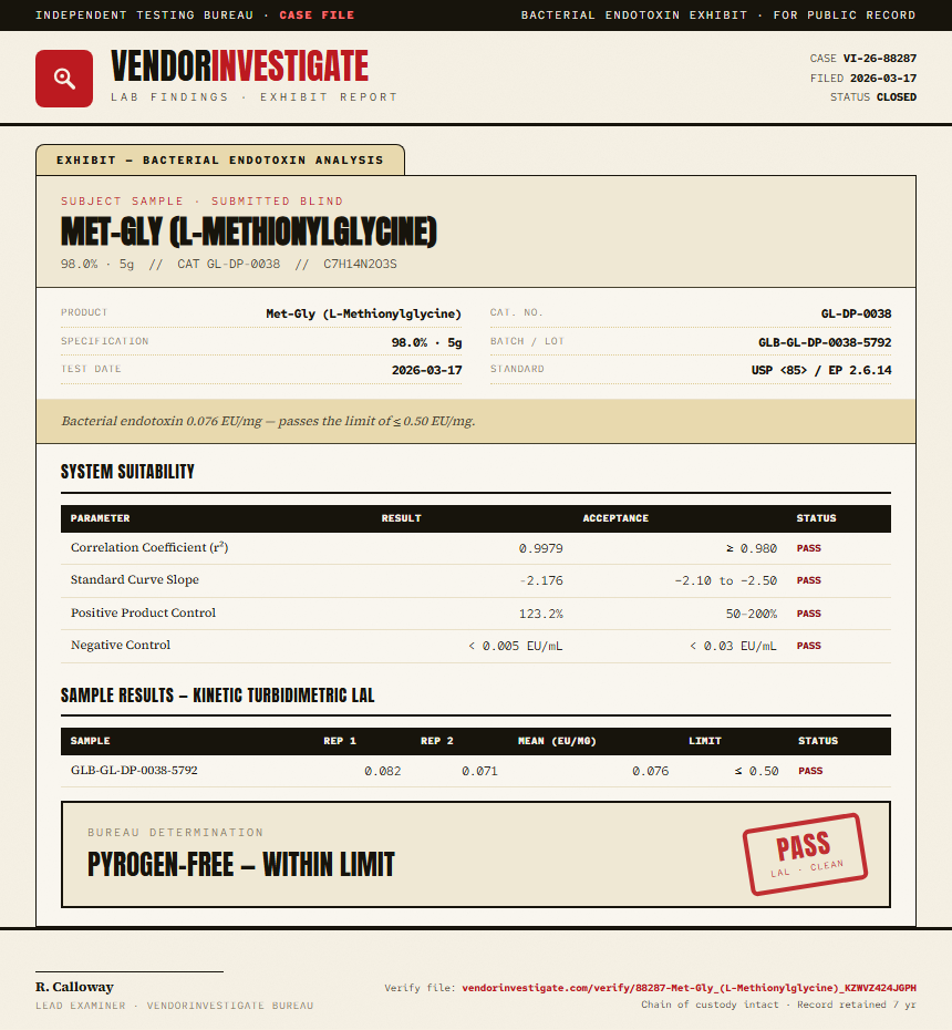 Met-Gly (L-Methionylglycine) Endotoxin report by VendorInvestigate