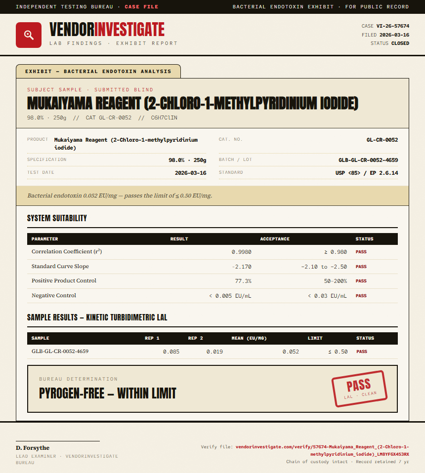 Mukaiyama Reagent (2-Chloro-1-methylpyridinium iodide) Endotoxin report by VendorInvestigate
