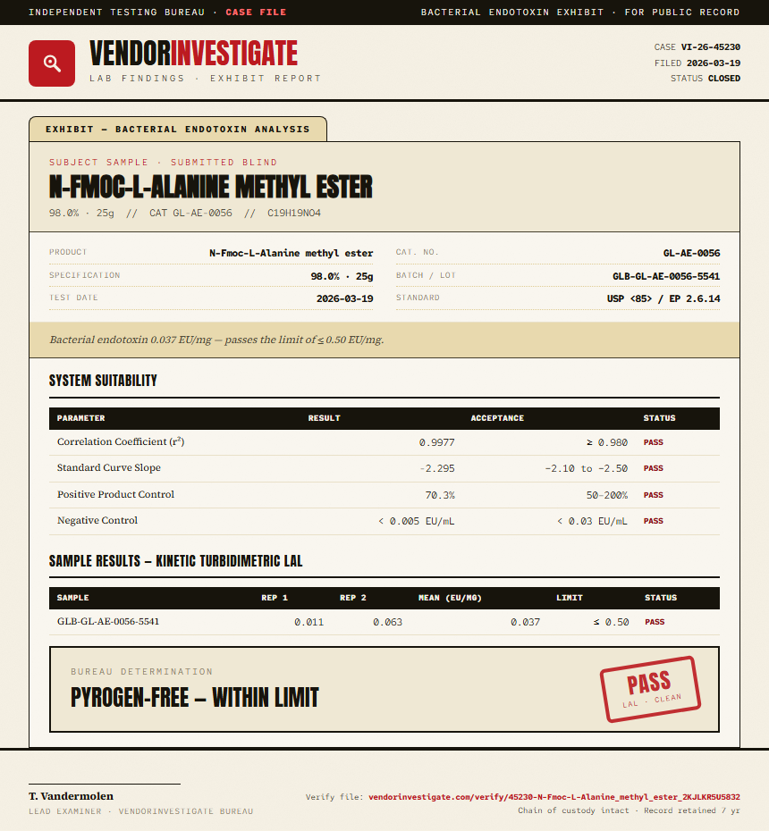 N-Fmoc-L-Alanine methyl ester Endotoxin report by VendorInvestigate