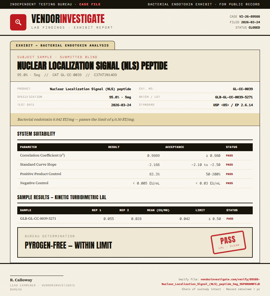 Nuclear Localization Signal (NLS) peptide Endotoxin report by VendorInvestigate