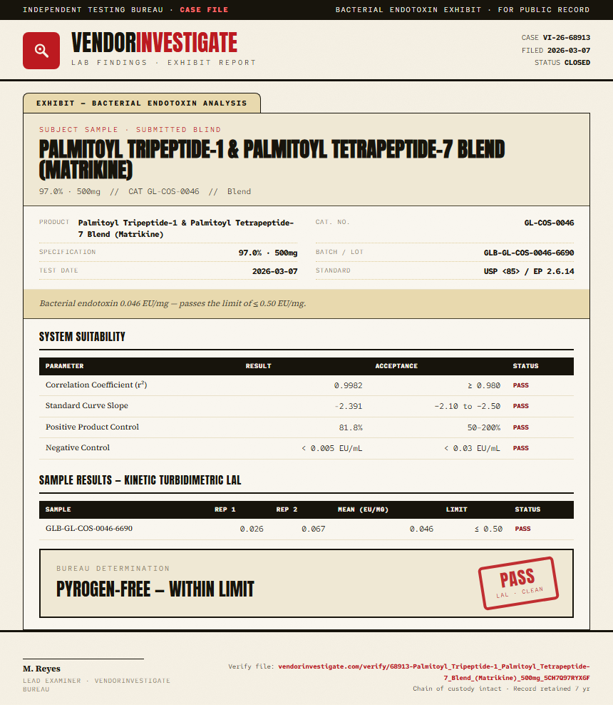 Palmitoyl Tripeptide-1 & Palmitoyl Tetrapeptide-7 Blend (Matrikine) Endotoxin report by VendorInvestigate