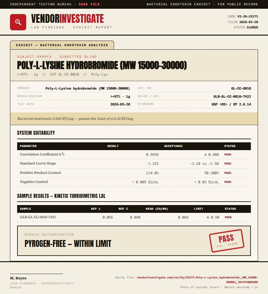 Poly-L-Lysine hydrobromide (MW 15000-30000) Endotoxin report by VendorInvestigate