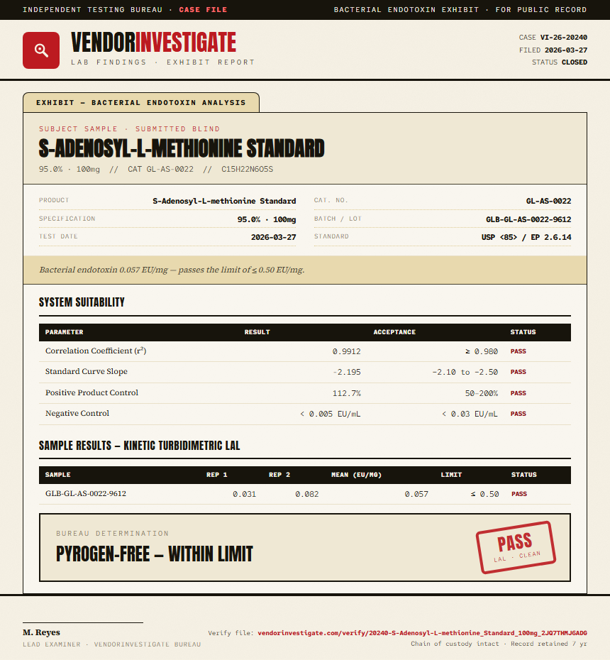S-Adenosyl-L-methionine Standard Endotoxin report by VendorInvestigate