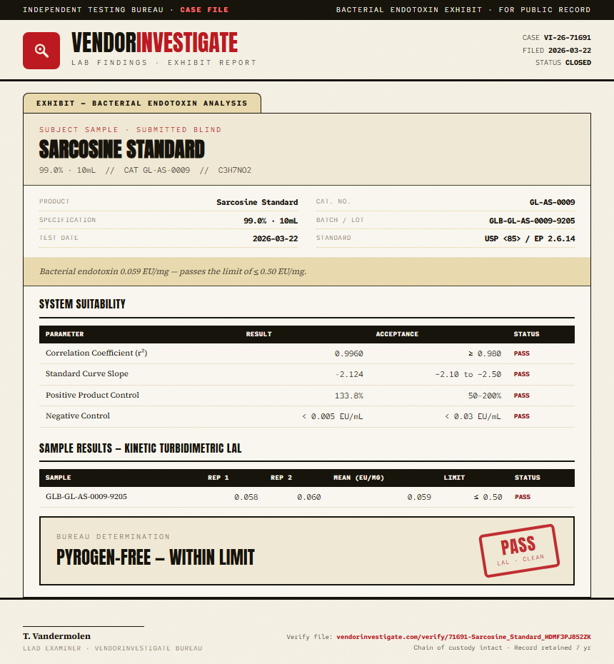 Sarcosine Standard Endotoxin report by VendorInvestigate