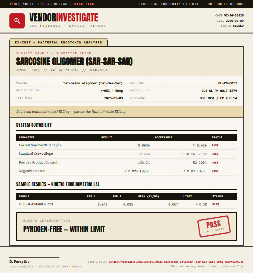 Sarcosine oligomer (Sar-Sar-Sar) Endotoxin report by VendorInvestigate