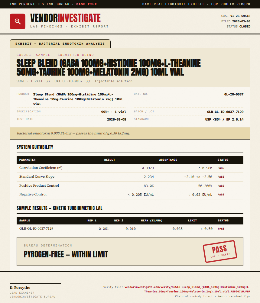 Sleep Blend (GABA 100mg+Histidine 100mg+L-Theanine 50mg+Taurine 100mg+Melatonin 2mg) 10ml vial Endotoxin report by VendorInvestigate