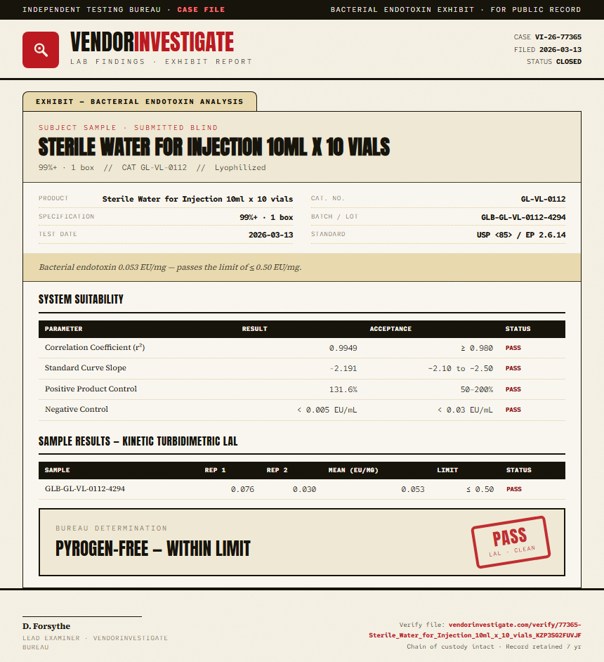 Sterile Water for Injection 10ml x 10 vials Endotoxin report by VendorInvestigate