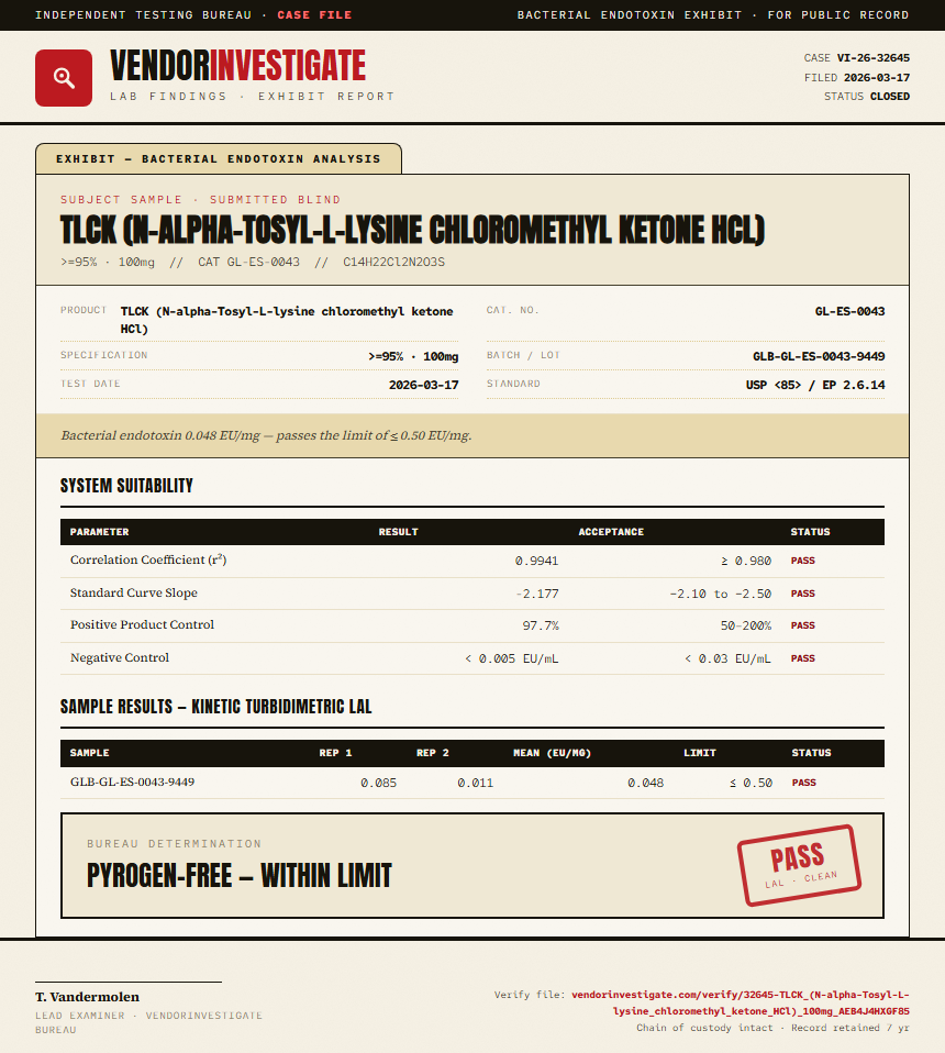 TLCK (N-alpha-Tosyl-L-lysine chloromethyl ketone HCl) Endotoxin report by VendorInvestigate