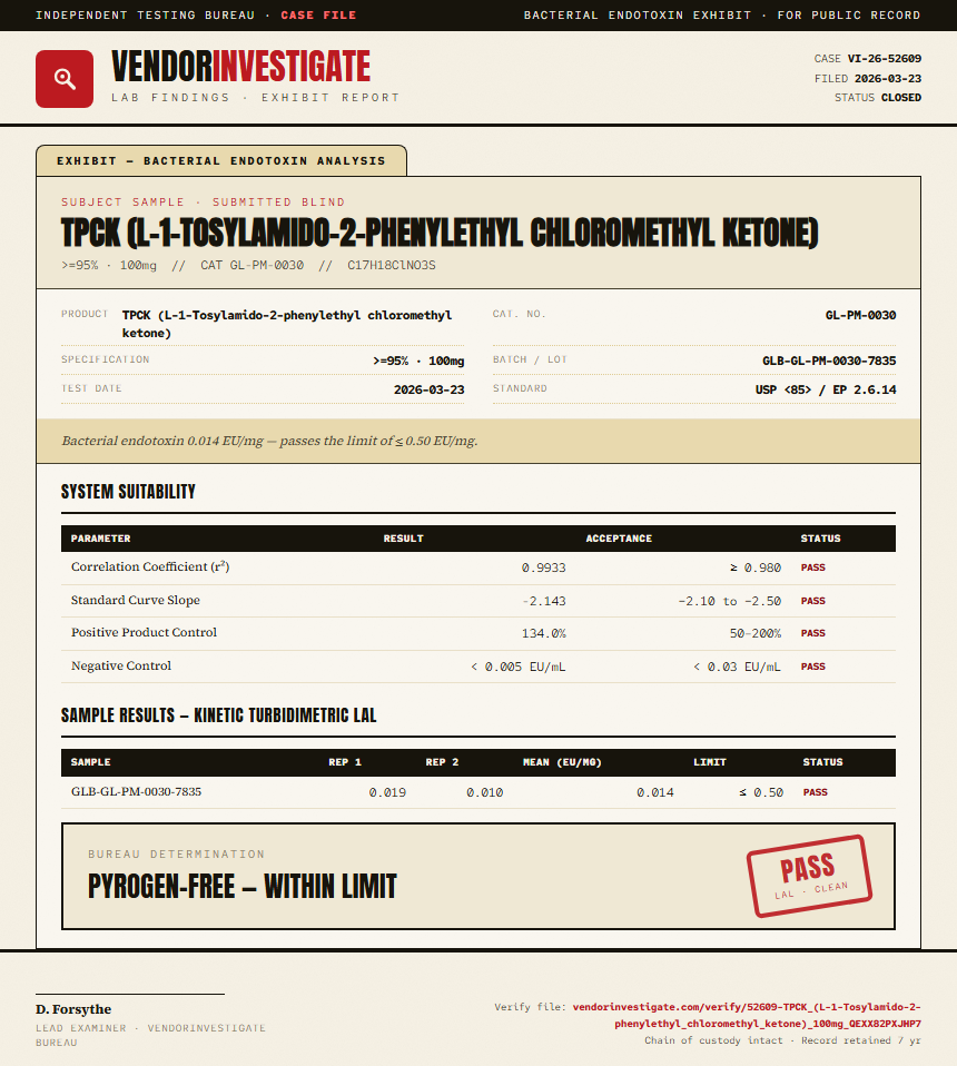 TPCK (L-1-Tosylamido-2-phenylethyl chloromethyl ketone) Endotoxin report by VendorInvestigate