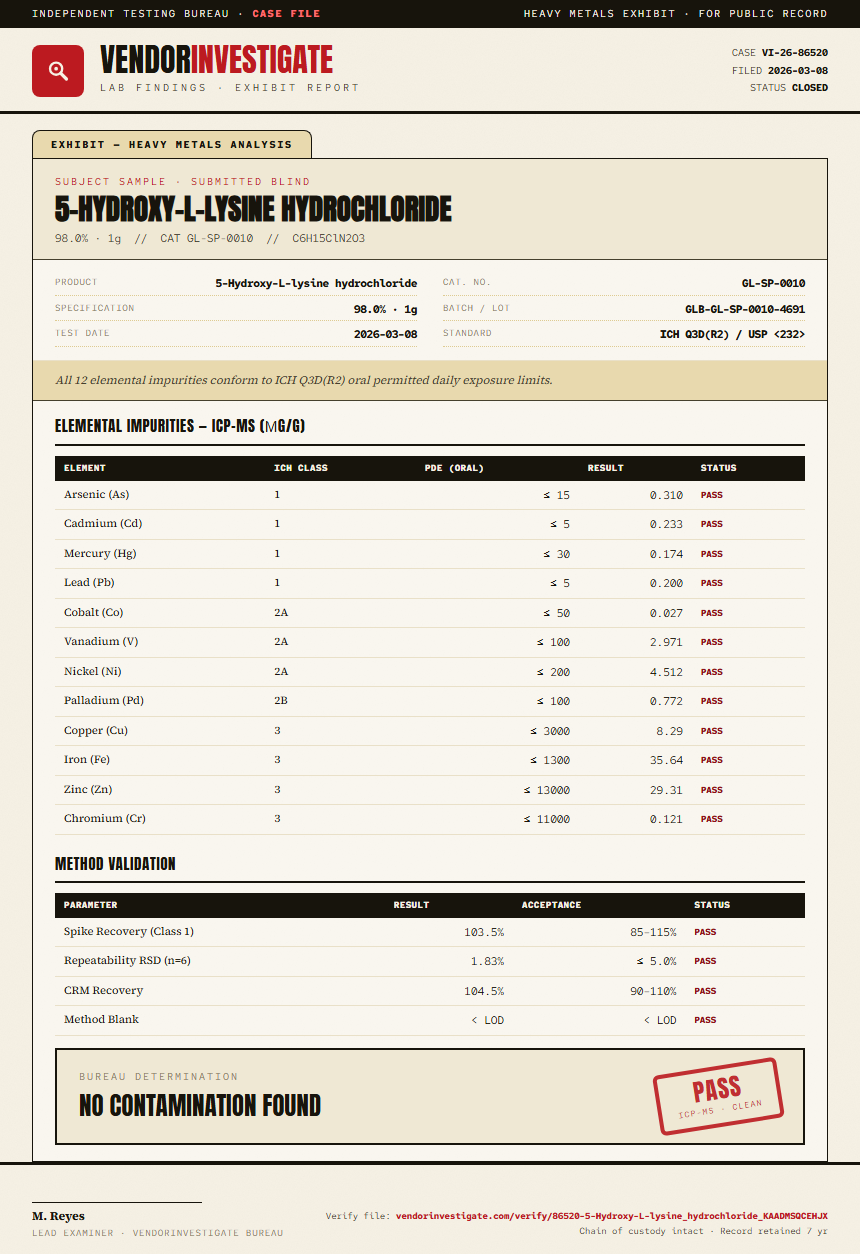 5-Hydroxy-L-lysine hydrochloride Heavy Metals report by VendorInvestigate