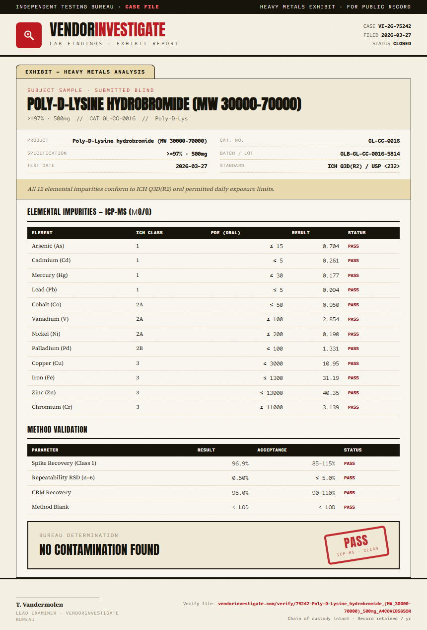 Poly-D-Lysine hydrobromide (MW 30000-70000) Heavy Metals report by VendorInvestigate