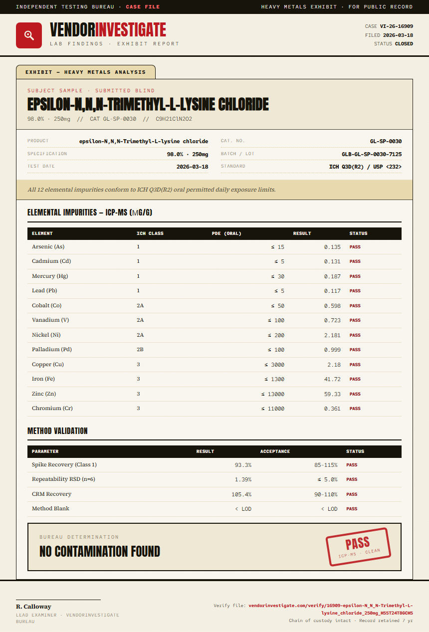 epsilon-N,N,N-Trimethyl-L-lysine chloride Heavy Metals report by VendorInvestigate