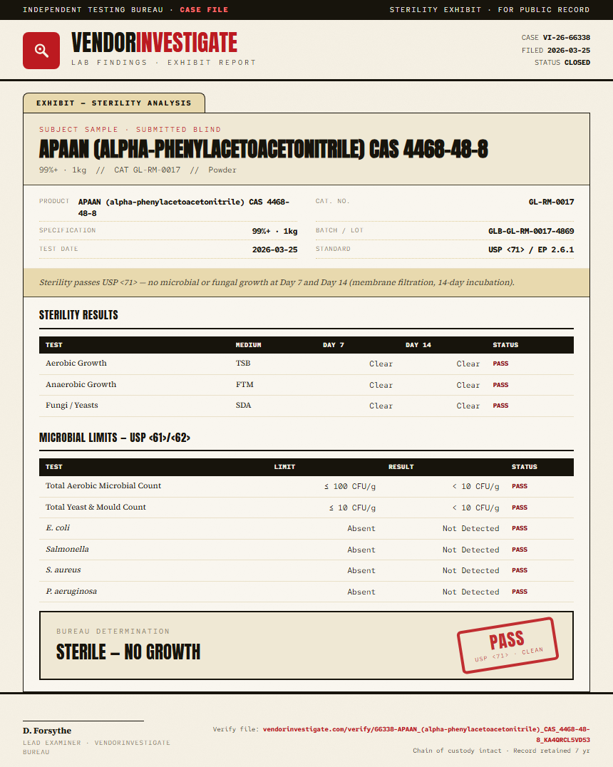 APAAN (alpha-phenylacetoacetonitrile) CAS 4468-48-8 Sterility report by VendorInvestigate